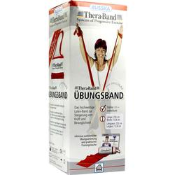 Eine Frau hält ein rotes Thera-Band vor einer Verpackung.