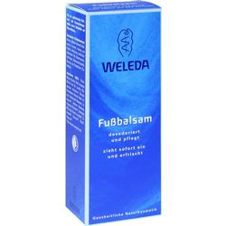 Eine blaue Verpackung von Weleda Fußbalsam mit weißem Text.
