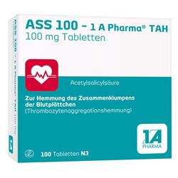 Eine Verpackung von ASS 100 Tabletten zur Hemmung von Blutplättchen ist abgebildet.