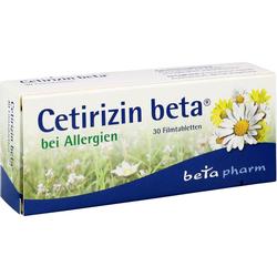 Eine Packung Cetirizin beta, ein Medikament gegen Allergien mit Blumenmotiv.